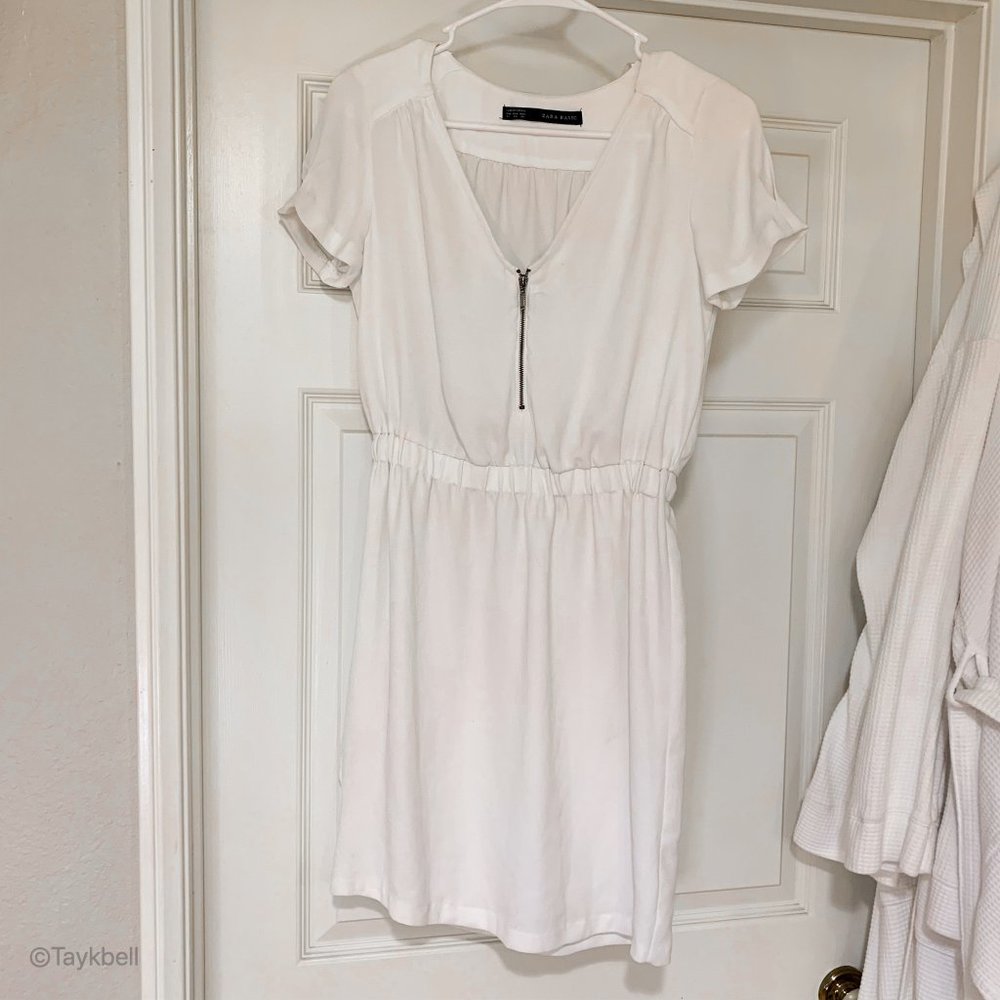 Zara white summer dress front zipper cinch waist
